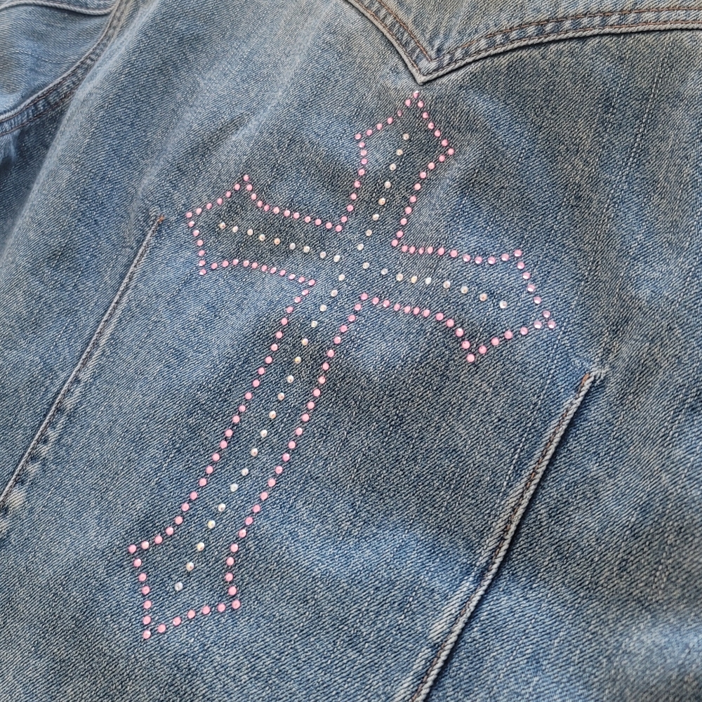 Vintage Y2K Upcycled Redone Custom Bling Gothic Cross Western Jean Jacket Medium